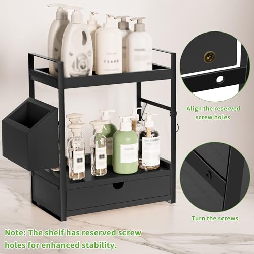 2-Tier Bathroom Counter Organizer, Wooden Vanity Shelf with Drawer & Basket | Pre-Drilled Holes, Skincare & Makeup Countertop Organizer and storage, Black - color: Black