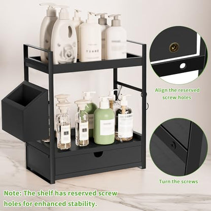 2-Tier Bathroom Counter Organizer, Wooden Vanity Shelf with Drawer & Basket | Pre-Drilled Holes, Skincare & Makeup Countertop Organizer and storage, Black - color: Black