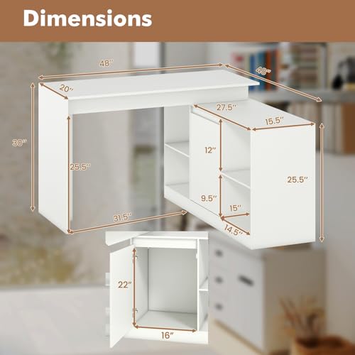 GIANTEX 48" Reversible L-Shaped Computer Desk, Modern Corner Computer Workstation with 2 Doors & 4 Open Storage Cubes, Large Executive Desk for Home Office, White/Black (White)