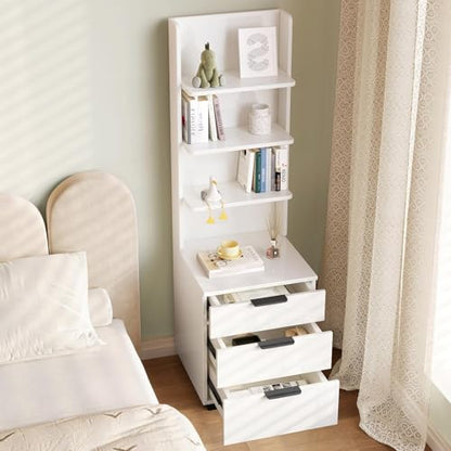 Night Stand, Tall Nightstand with 4-Tier Shelves and 3 Drawers, Bed Side Table for Bedroom, Hallway, Study Room and Home Office