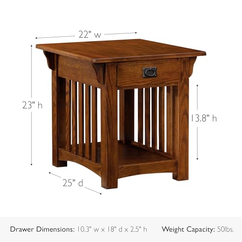 Leick Home Mission End Table, Solid Wood Construction, 1 Storage Drawer, Bottom Display Shelf, Slatted Sides, Easy-Assembly, Medium Oak, 25.0 in. W x 22.0 in. L x 23.0 In. H, 8207 - color: Medium Oak