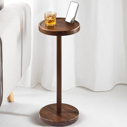 BLUEWEST Drink Table, 22" Tall Compact Side Table with Phone Slot and Weighted Base, Durable Pedestal Table Accent for Living Room (Flat, Walnut) - color: Medium Walnut