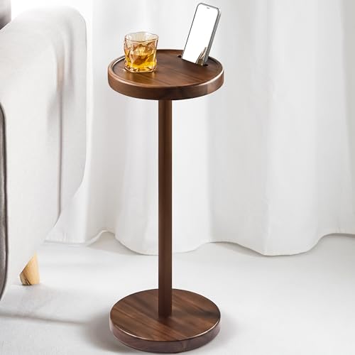 BLUEWEST Drink Table, 22" Tall Compact Side Table with Phone Slot and Weighted Base, Durable Pedestal Table Accent for Living Room (Flat, Walnut) - color: Medium Walnut