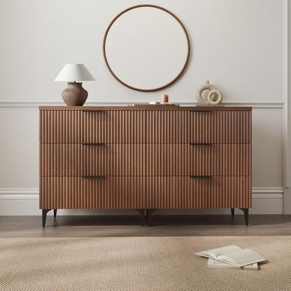 25.6" W Fluted Nightstand with 3 Drawer, Mid-Century Modern Night Stands | Bedside Table for Bedroom King/Queen Bed, End Table with Robot-friendly Legs for Living Room,Entry - color: 3 Drawers-1pcs-walnut