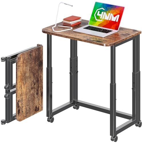 4NM No Tool Assembly 23.6" Small Desk, Folding Portable Desk with Wheels, Adjustable Height Foldable Computer Home Office Desks, Collapsible Study Writing Table for Space Saving Bedroom - Rustic Brown - color: Rustic Brown Black, size: 23.6"
