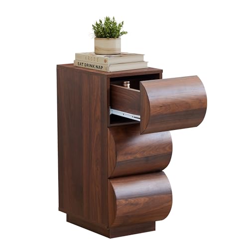7.9" Narrow Side Table with Storage,Slim End Table for Small Space | Walnut Nightstand with 3 Drawers, Modern Curved Design Bedside Table for Bedroom/Living Room, Easy Assembly - color: Walnut, size: 1