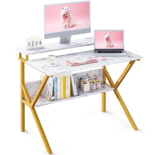 ODK Small Desk, 27.5 Inch Computer Desk for Small Spaces, Study Desk with Storage & Monitor Stand, White Marble + Gold Leg - color: White Marble