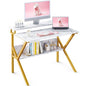 ODK Small Desk, 27.5 Inch Computer Desk for Small Spaces, Study Desk with Storage & Monitor Stand, White Marble + Gold Leg - color: White Marble