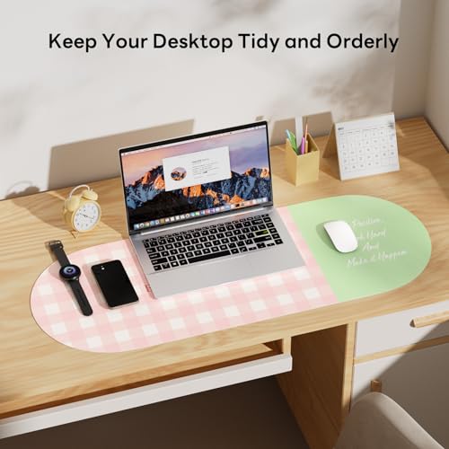 Checkered Pattern Desk Pad Protector, 35.5 x 13'' Aesthetic Mouse Mat for Desktop, Waterproof PU Leathe Non-Slip Desk Writing Pad for Office and Home, Pink and Green - color: Pink and Green