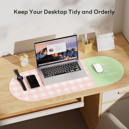 Checkered Pattern Desk Pad Protector, 35.5 x 13'' Aesthetic Mouse Mat for Desktop, Waterproof PU Leathe Non-Slip Desk Writing Pad for Office and Home, Pink and Green - color: Pink and Green