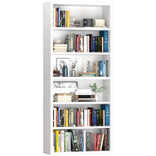 furtble 6 Tier Bookshelf with Open Storage Shelf, 72'' Tall Wooden Bookcase, Sturdy Modern Display Storage Shelf for Living Room, Home Office, Study, White - size: 6-Tier-30.7W