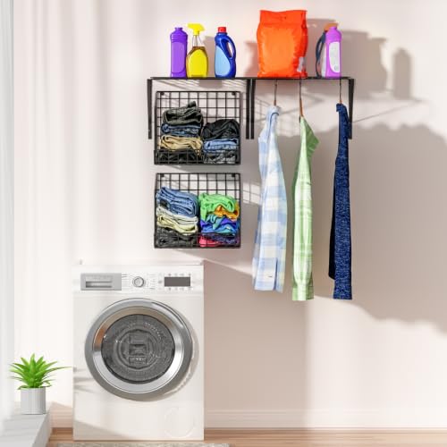 2 Pack Laundry Room Shelves with Wire Baskets, Over the Washer and Dryer Shelf, Wall Mounted Storage and Clothes Drying Rack, Wire Shelves Baskets for Laundry Closet Organization and Storage-Black