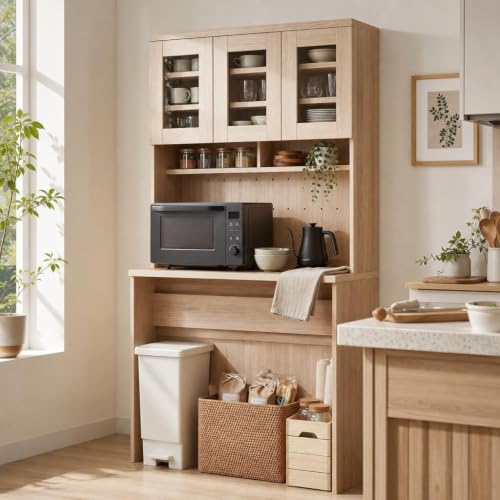 Garvee 71" Large Kitchen Pantry Cabinet with Drawers and Power Outlet, Tall Kitchen Hutch with Countertop for Kitchen,DIY Pegboard and Drawers, Farmhouse Food Pantry for Living Room - color: Natural Wood