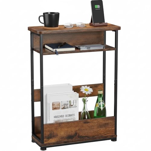 Vintage Narrow Side Table with Storage Shelf, 3 Tier Slim End Table Modern Sofa Table for Narrow and Small Spaces, 24.6 Inch Height Bedside Table Small Nightstand with Magazine Rack/Brown - color: Rustic Brown