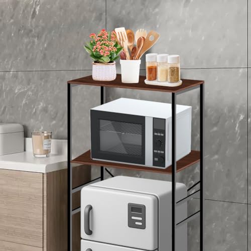 Adjustable Microwave Stand for Mini Fridge - Over Refrigerator Shelf Organizer with Storage Rack, Height Adjustable Space Saver for Dorm, Kitchen, Office Use, Brown