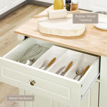 HOMCOM Rolling Kitchen Island Cart, Portable Serving Trolley Table with Drawer, Adjustable Shelf and 2 Towel Racks, Cream White - color: Cream White