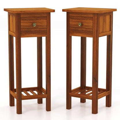 Tangkula 2-Tier Narrow Side Table with Drawer, Acacia Wood Tall End Table for Small Spaces, Farmhouse Slim Bedside Table with Open Shelf, Nightstand for Living Room, Bedroom, No Assembly (2, Natural) - color: Natural