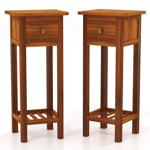 Tangkula 2-Tier Narrow Side Table with Drawer, Acacia Wood Tall End Table for Small Spaces, Farmhouse Slim Bedside Table with Open Shelf, Nightstand for Living Room, Bedroom, No Assembly (2, Natural) - color: Natural