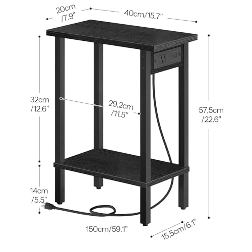 HOOBRO Small End Table with Charging Station, Narrow Side Table with USB Port and Outlets, Skinny Sofa Table, Slim Nightstand, Living Room, Bedroom, Black BK240UBZ01 - color: Black, size: 7.9"L x 15.7"W x 22.6"H