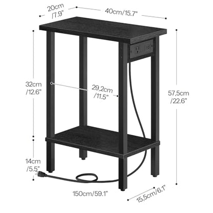 HOOBRO Small End Table with Charging Station, Narrow Side Table with USB Port and Outlets, Skinny Sofa Table, Slim Nightstand, Living Room, Bedroom, Black BK240UBZ01 - color: Black, size: 7.9"L x 15.7"W x 22.6"H