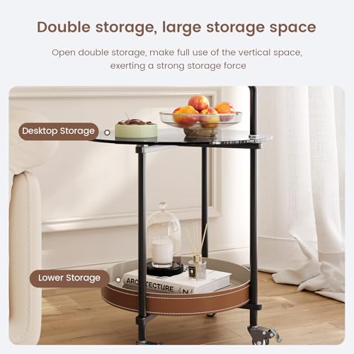 Guyii 2-Tier Sofa End Table with Storage Modern Sofa Side Table with Wheels Round Temper Glassed Coffee Table 360 Rotation Rolling Cart for Living Room Bedroom Office - color: Black