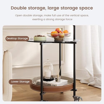 Guyii 2-Tier Sofa End Table with Storage Modern Sofa Side Table with Wheels Round Temper Glassed Coffee Table 360 Rotation Rolling Cart for Living Room Bedroom Office - color: Black