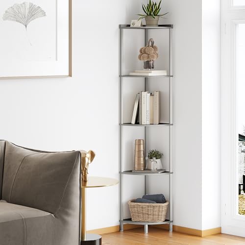 SUNMORY 5 Tier Corner Shelf Stand,Industrial 65" Corner Shelves Display Shelf for Living Room Decor,Wall Corner Bookshelf Multi Unit Organizer,Tall Shelf Plant Stand for Bedroom,Bathroom,Small Space - color: Grey