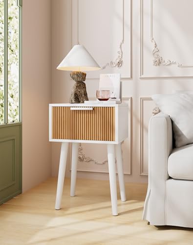 YMYNY Narrow Fluted Nightstand Set of 2, Small End Table, Modern Coffee Table with Drawer, Solid Wood Legs, Retaining Chain, for Bedroom and Small Spaces, White and Natural UHST014WN-2 - color: White and Natural