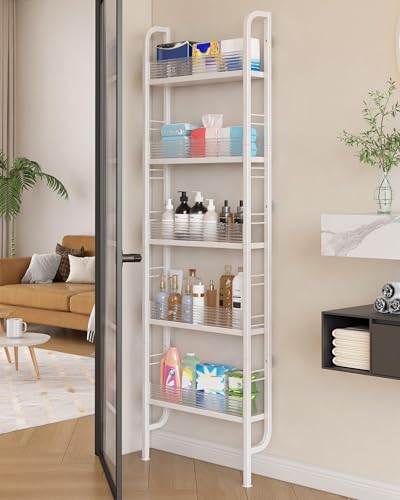 UMDONX Narrow 5-Tier Behind the Door Storage Rack for Bathroom | Slim, Space-Saving Storage Rack for Tight Spaces, Suitable for Kitchen, Closet, Laundry Room - color: White