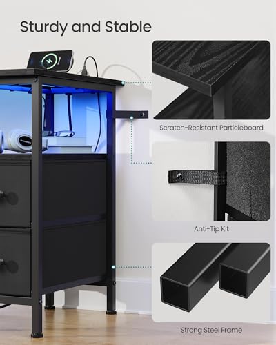 SONGMICS Side Table, Nightstand with Charging Station, End Table with LED Lighting, 2 Drawers, for Living Room, Bedroom, Set of 2, Ink Black, BELLAH Collection ULGS012B101 - color: Ink Black, size: 2 Pack (8.5"D x 18.1"W x 23.8"H)