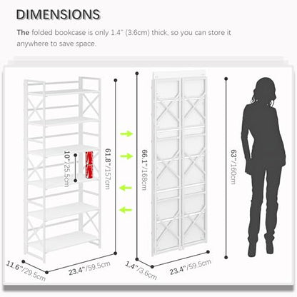 4NM 6 Tiers No Assembly Book Shelves, 61.8" H Folding Bookshelf Bookcase Open Industrial Foldable Shelves for Bedroom, Living Room, Home Office - All White - color: All White, size: XX 6-Tier