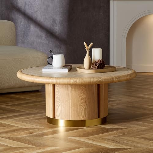 35.43'' Round Coffee Table with Sintered Stone Tabletop for Living Room, Modern Circle Wood Pedestal Coffee Table with Brushed Stainless Steel, Easy Assembly, Natural - color: Ø35.43'' -Natural