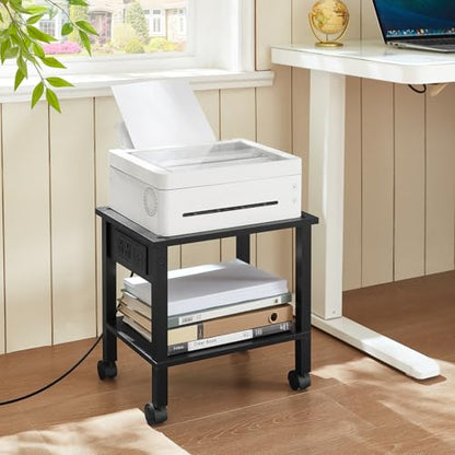 YUFAM 2 Tier Under Desk Printer Stand with Charging Station, Black | Wooden Small Printer Table for Home Office, Rolling Printer Cart Shelf with Lockable Wheels - color: Black, size: 11.8"D×15.7"W×15.3"H(With USB)