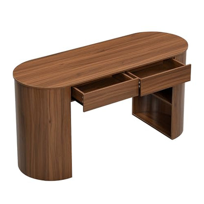 Modern MDF Office Desk with 2 Drawers & Open Shelves, Half-Cylinder Base Computer Table, Sleek Long-Lasting Workstation for Home Office, Study, or Bedroom, Stylish Storage Writing Desk, Dark Walnut