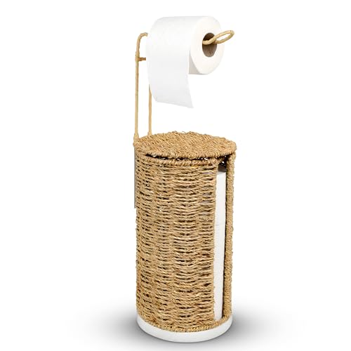 Freestanding Wicker Toilet Paper Holder with Lid, 3 Rolls of Toilet Tissue Storage, Rattan Handmade Woven Toilet Paper Roll Holder Stand, Decorative Boho Bathroom Farmhouse Toilet Paper Holder