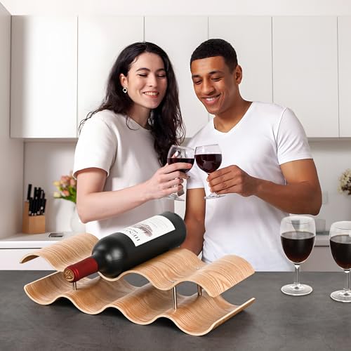 Countertop Wine Rack - 7 Bottle Freestanding Wine Bottle Holder Stand - 2 Tier Wooden Wine Storage Rack - Wavy Wine Organizer for Cabinet Pantry Home Kitchen Bar - size: 2 Tier - 7 Bottle