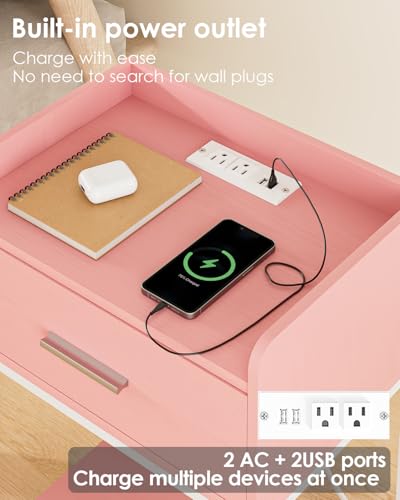 Nightstand with Charging Station,3-Tier Modern Bedside Table Night Stand with Storage Drawer and Open Shelf,Small End Side Table for Bedroom,Living Room,Pink - color: Pink With Charging Station