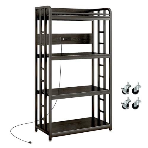 METYERRY Adjustable 4-Tier Heavy Duty Kitchen Baker's Rack with Power Outlet, with Industrial Wheels, Free Standing Microwave Oven Cart Stand for Storage, Garage, Mini Fridge Stand, Black - color: Black