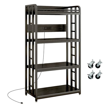 METYERRY Adjustable 4-Tier Heavy Duty Kitchen Baker's Rack with Power Outlet, with Industrial Wheels, Free Standing Microwave Oven Cart Stand for Storage, Garage, Mini Fridge Stand, Black - color: Black