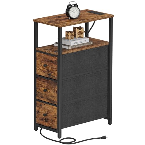 TUTOTAK Narrow Night Stand with Charging Station, Slim End Table | Tall Side Table with 3 Fabric Drawer, Small Bedside Table with Storage, Living Room, Bedroom, Brown TB01BB086 - color: Brown, size: 1 Pack (3 Drawers), style: With Plug