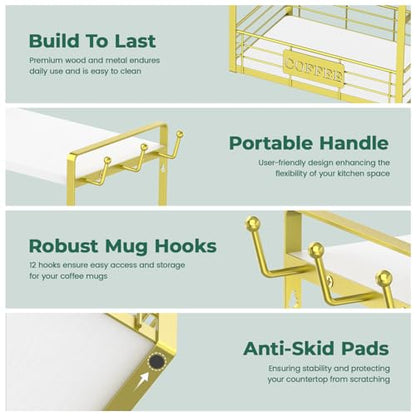 EsLuker.ly Coffee Mug Cup Holder Tree Bar Station Organizer, 2 Tier Mug Stand Rack for Countertop Kitchen, Storage Tower Display Shelf with 12 Hooks, Coffee Nook Enhancer, White-Gold - color: White + Gold