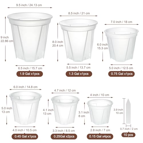 Clear Nursery Pots with Drainage, 10 Pack Transparent Plastic Orchid Planters, 6 Sizes Plant Pots 9.5/8.5/7/6/4.7/4 Inch with 10 Plant Labels for Seedlings, Succulents, Indoor/Outdoor Repotting - size: MIX-6 Sizes