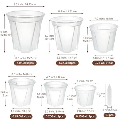 Clear Nursery Pots with Drainage, 10 Pack Transparent Plastic Orchid Planters, 6 Sizes Plant Pots 9.5/8.5/7/6/4.7/4 Inch with 10 Plant Labels for Seedlings, Succulents, Indoor/Outdoor Repotting - size: MIX-6 Sizes