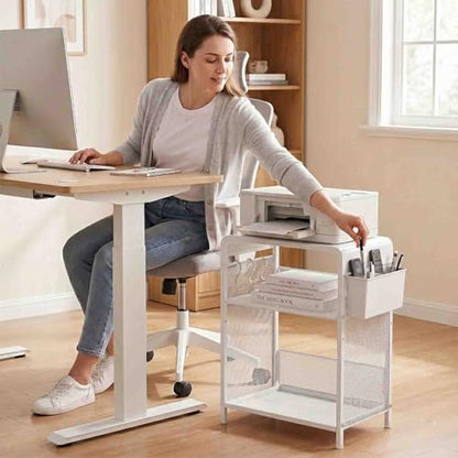 ECOLOVI 3 Tier Printer Stand for Under Desk, Height Adjustable Shelf Small Printer Table with 3 S-Hooks & Basket, Heavy Duty Industrial Storage Shelf for Home Office (White Metal) - color: White