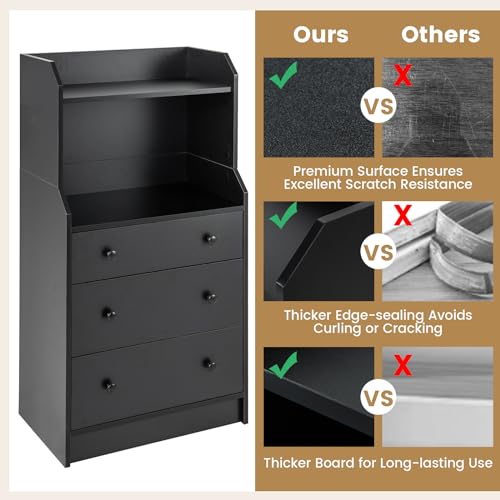 Moccha 3 Drawers Dresser with Shelf, Modern Dresser Tower with 2 Open Shelves, Chest of Drawers with Anti-toppling Device, Tall Storage Dresser Nightstand for Closet, Living Room, Black - color: Black