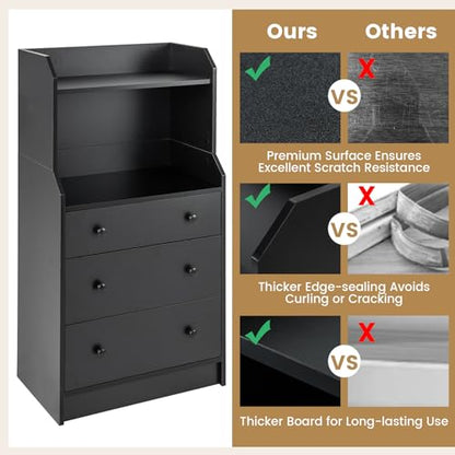 Moccha 3 Drawers Dresser with Shelf, Modern Dresser Tower with 2 Open Shelves, Chest of Drawers with Anti-toppling Device, Tall Storage Dresser Nightstand for Closet, Living Room, Black - color: Black