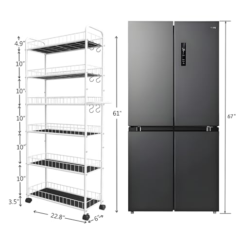 10in 6 Tier Slim Storage Cart with Wheels, Narrow Space Rolling Shelving Unit with Handle, Metal Wire Mobile Organizer Rack for Kitchen Bathroom Office Laundry - size: 10in White Cart with Handle