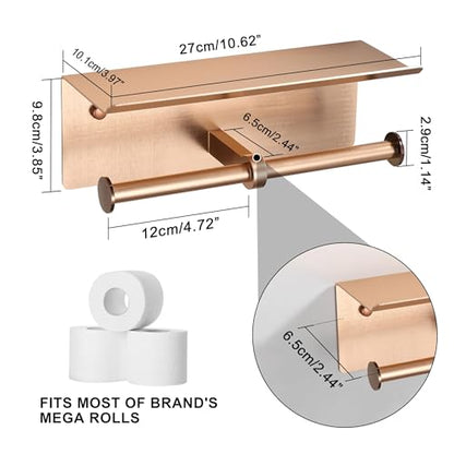Rose Gold Toilet Paper Roll Holder with Shelf Wall Mounted for Bathroom (Rose Gold, Double Head) - color: Rose Gold