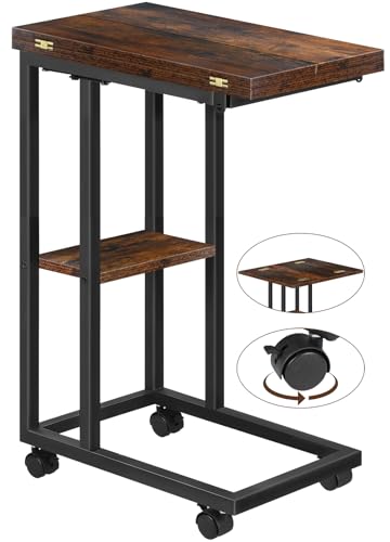 Foldable Small Side Table - C Shaped Couch End Table with Storage Shelf and Wheels, Expandable Wooden Snack Tray Table for Living Room Bedroom Sofa Bedside Chair Small Spaces Rustic Brown