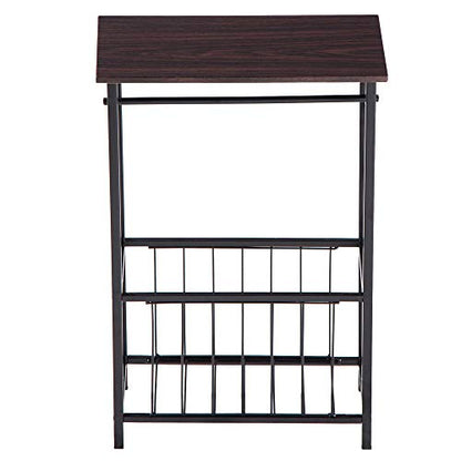 Side Coffee End Table,Multifunctional Bathroom Table,Bathroom Free Standing Floor Storage Side Corner Table Shelf with Toilet Paper Holder Stand and Magazine Rack,Metal Frame & Wood Top,Dark Brown